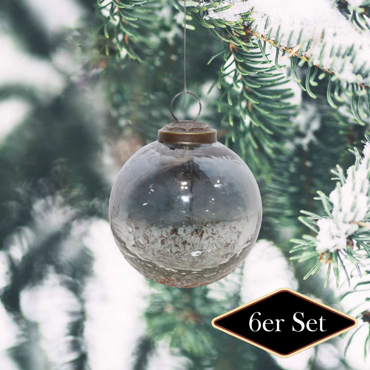 Weihnachtskugeln grau-silber, gehämmertes Glas - handgemacht in Indien, ⌀8 cm