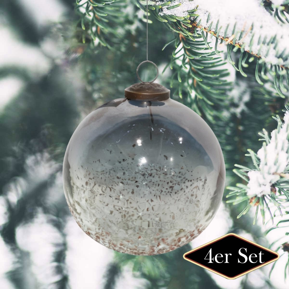 Premium Weihnachtskugeln Glas, grau glänzend - handgemacht in Indien, ⌀13 cm