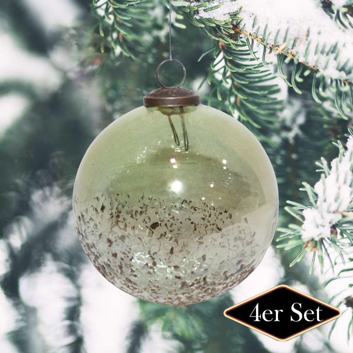 Premium Weihnachtskugeln rund, Glas grün glänzend - handgemacht in Indien, ⌀13cm