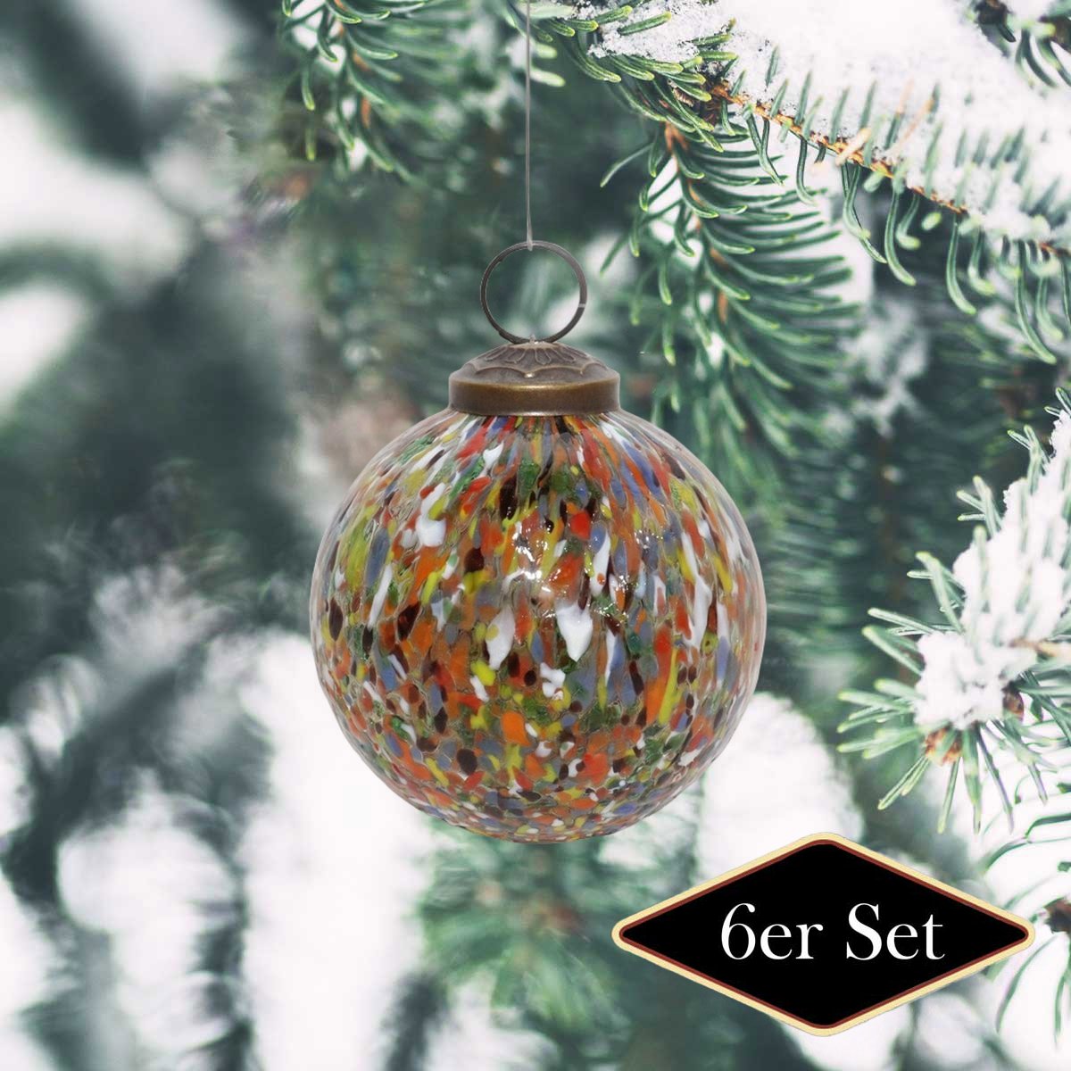 Premium Weihnachtskugeln rund, Glas bunt glänzend - handgemacht in Indien, ⌀8 cm