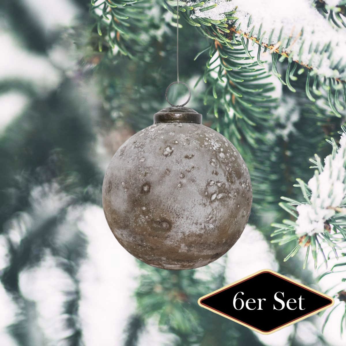 Premium Weihnachtskugeln rund, Glas grau strukturiert - handgemacht, ⌀10 cm