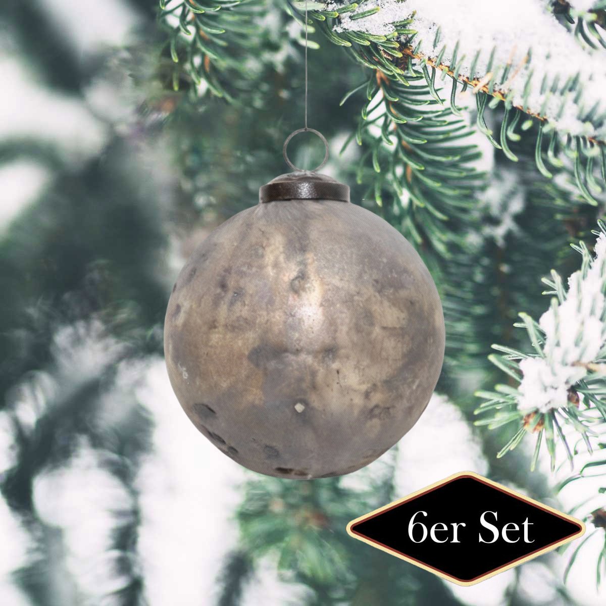 Weihnachtskugeln rund, Glas silbern patiniert – handgemacht in Indien, ⌀10 cm