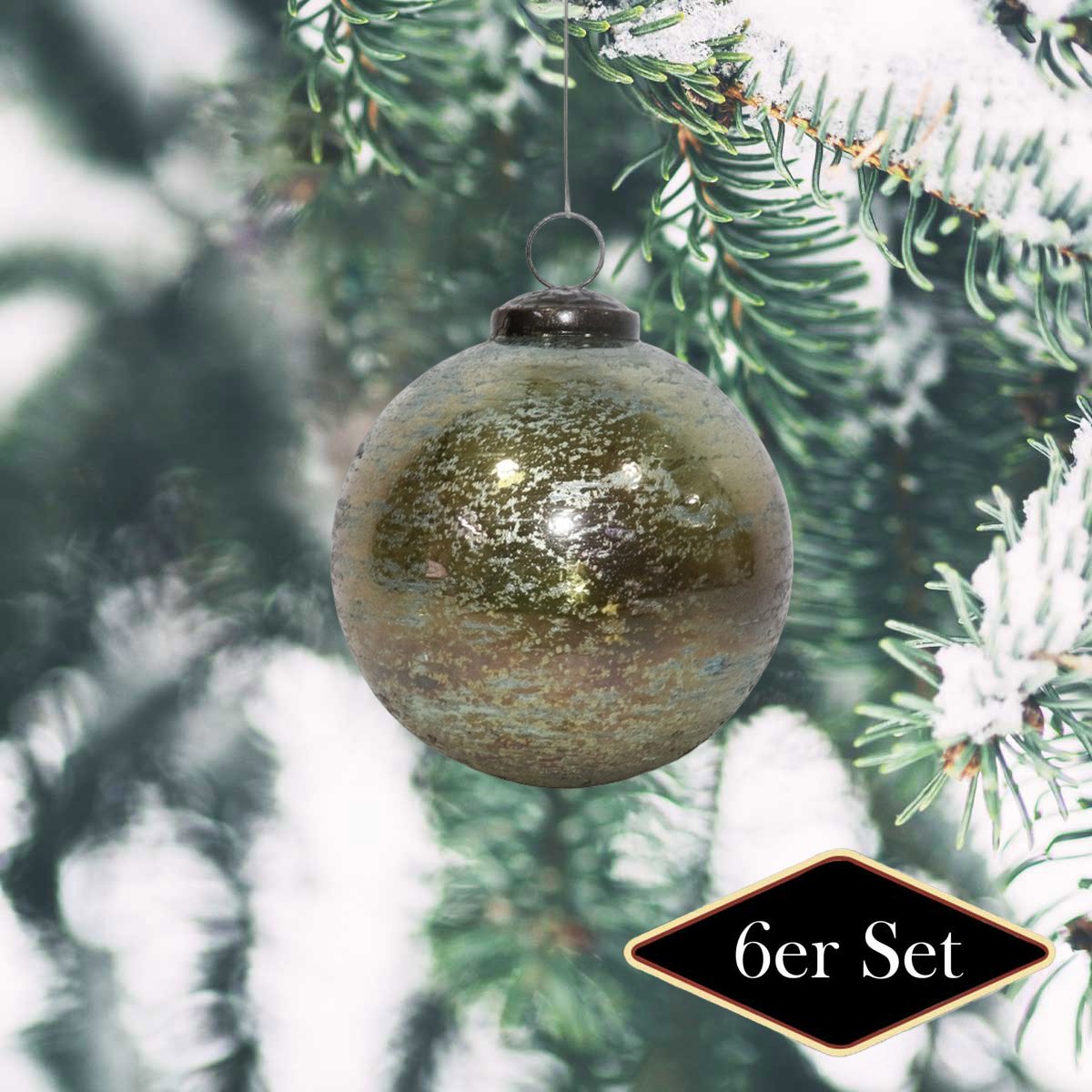 Weihnachtskugeln Premium rund, Glas grün patiniert - handgemacht Indien, ⌀10 cm