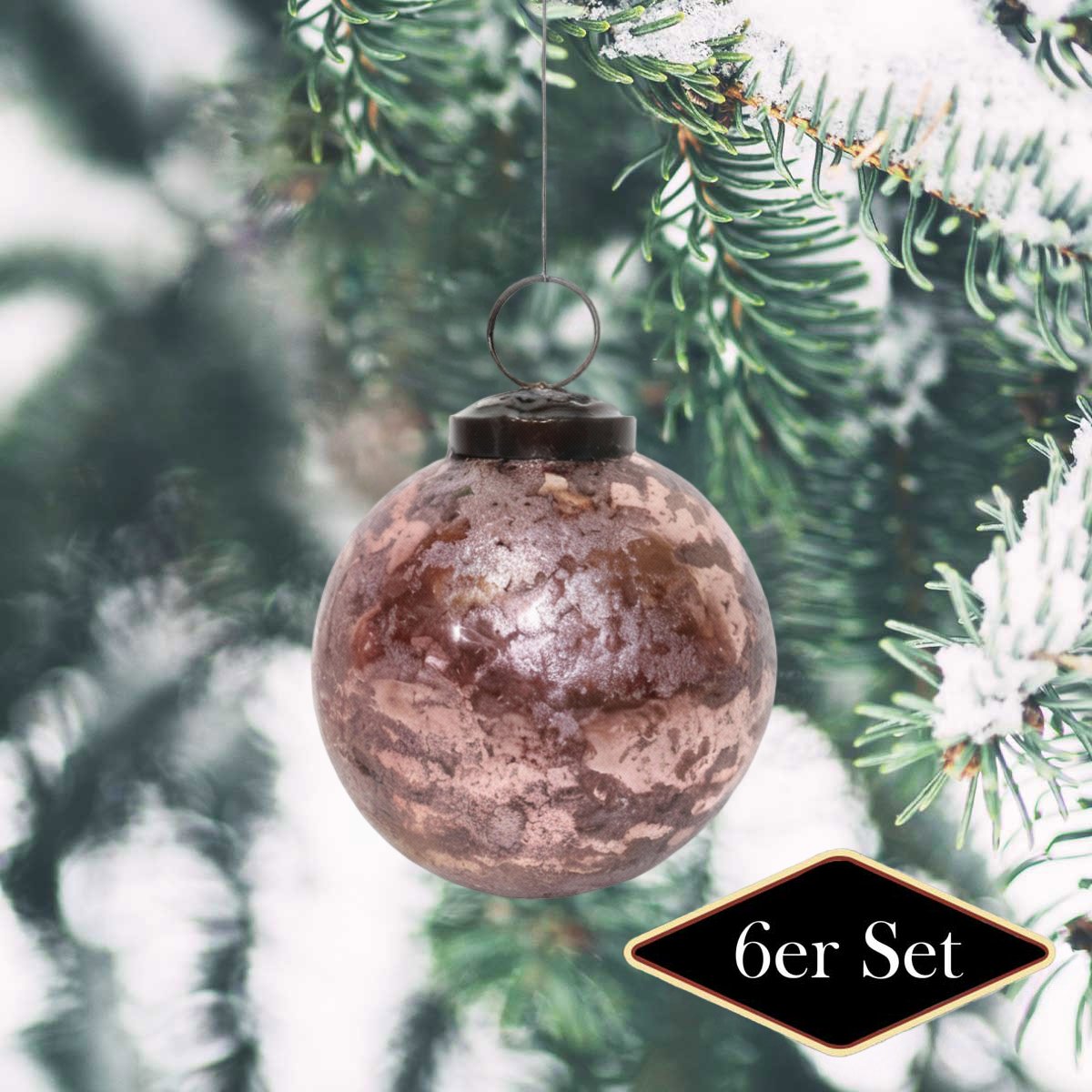 Premium Weihnachtskugeln rund, Glas rose patiniert - handgemacht in Indien, ⌀8cm