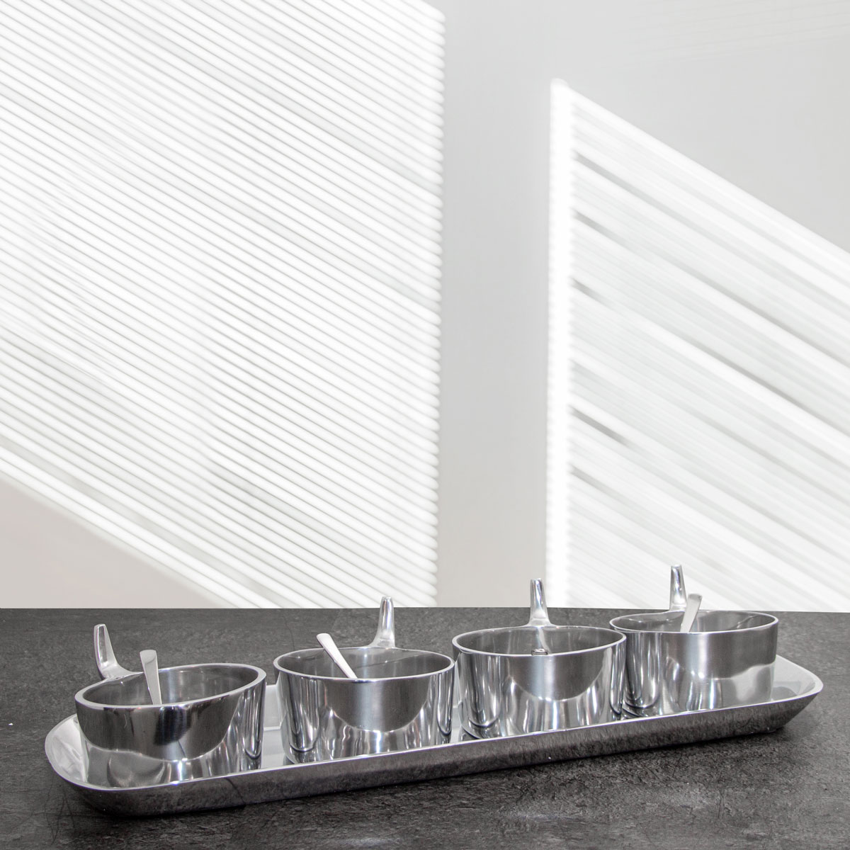 Auslage, Schüssel, Löffel, 4er, Glanz, Dekoration, Aluminium