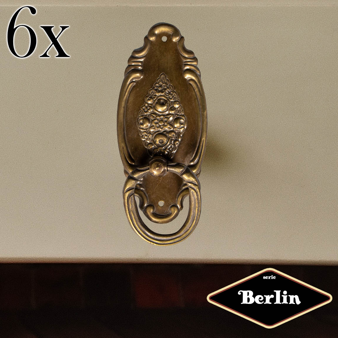 Schubladengriff mit Griff, Eisen in Antikmessing, Serie 'München', 6er Pack