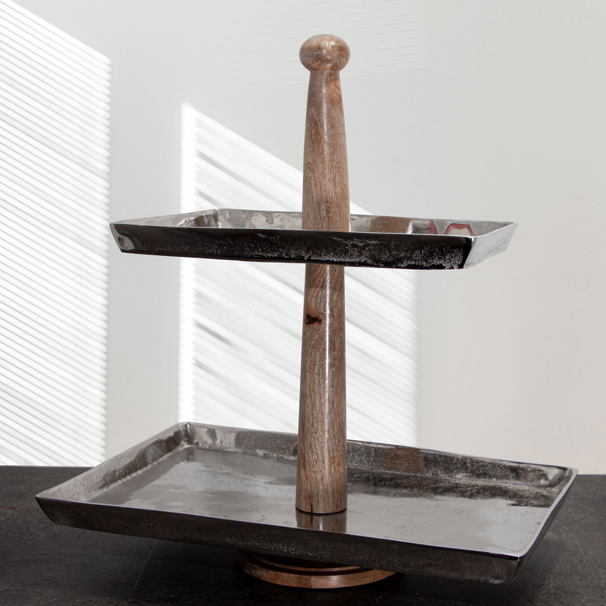 Etagere, 2 Etagen, Groß, eckig, Aluminium, Holz, Auslage