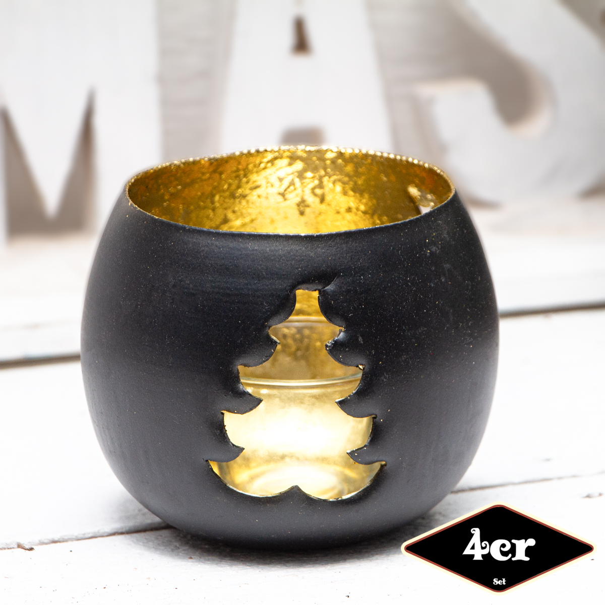 Teelichthalterset, Baum, 4er Set | Eisen, Schwarz, Gold | H10,0xB11,5 cm