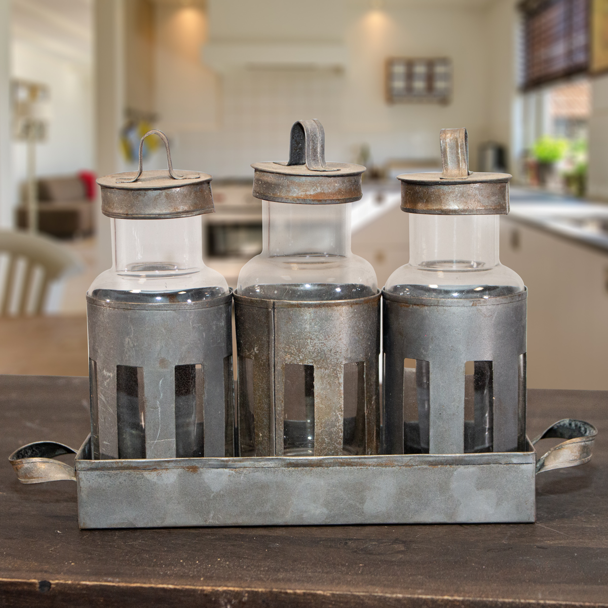 Fläschchen-Set, 3-teilig, groß, Glas, Eisen, grau, Dekoration