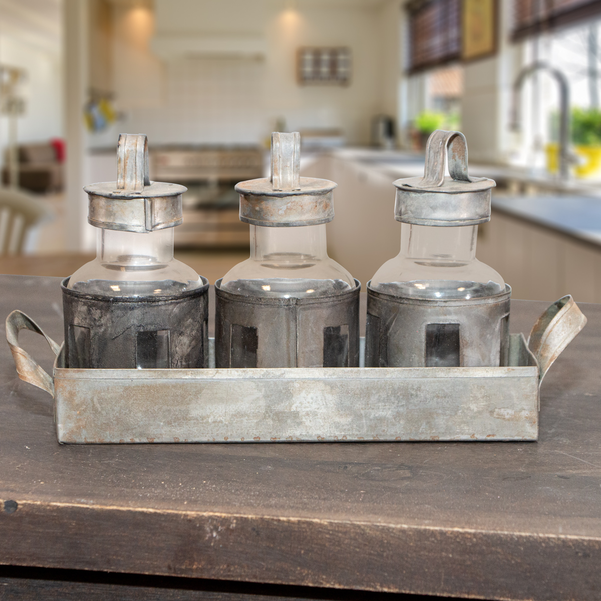 Fläschchen-Set, 3-teilig, klein, Glas, Eisen, grau, Dekoration