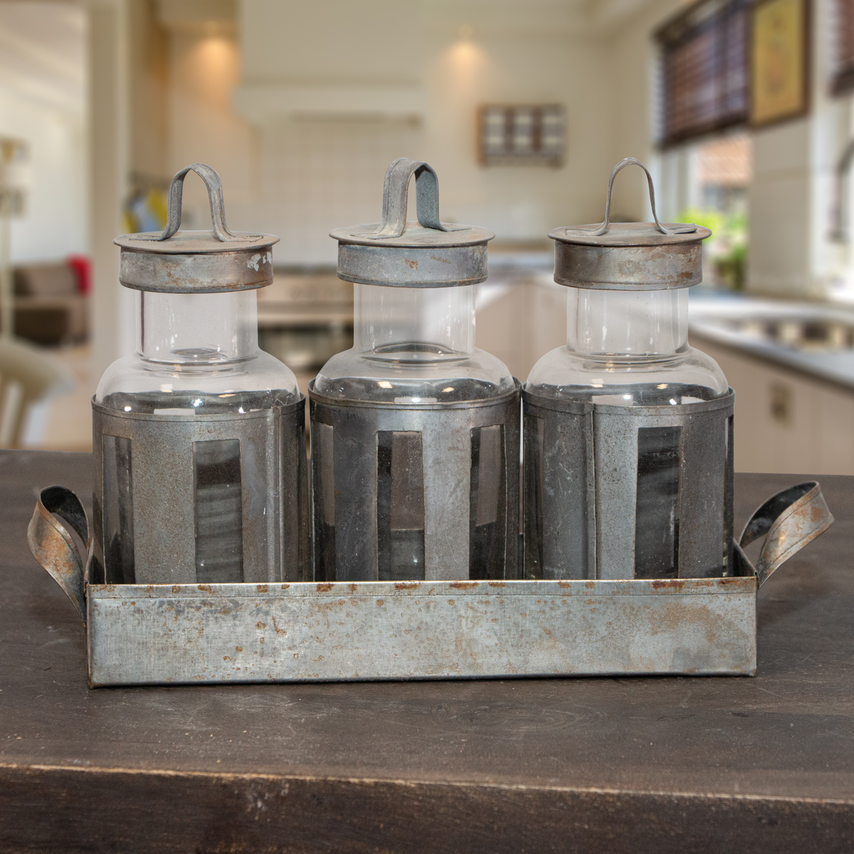Fläschchen-Set, 3-teilig, Mittelgroß, Glas, Eisen, grau, Dekoration