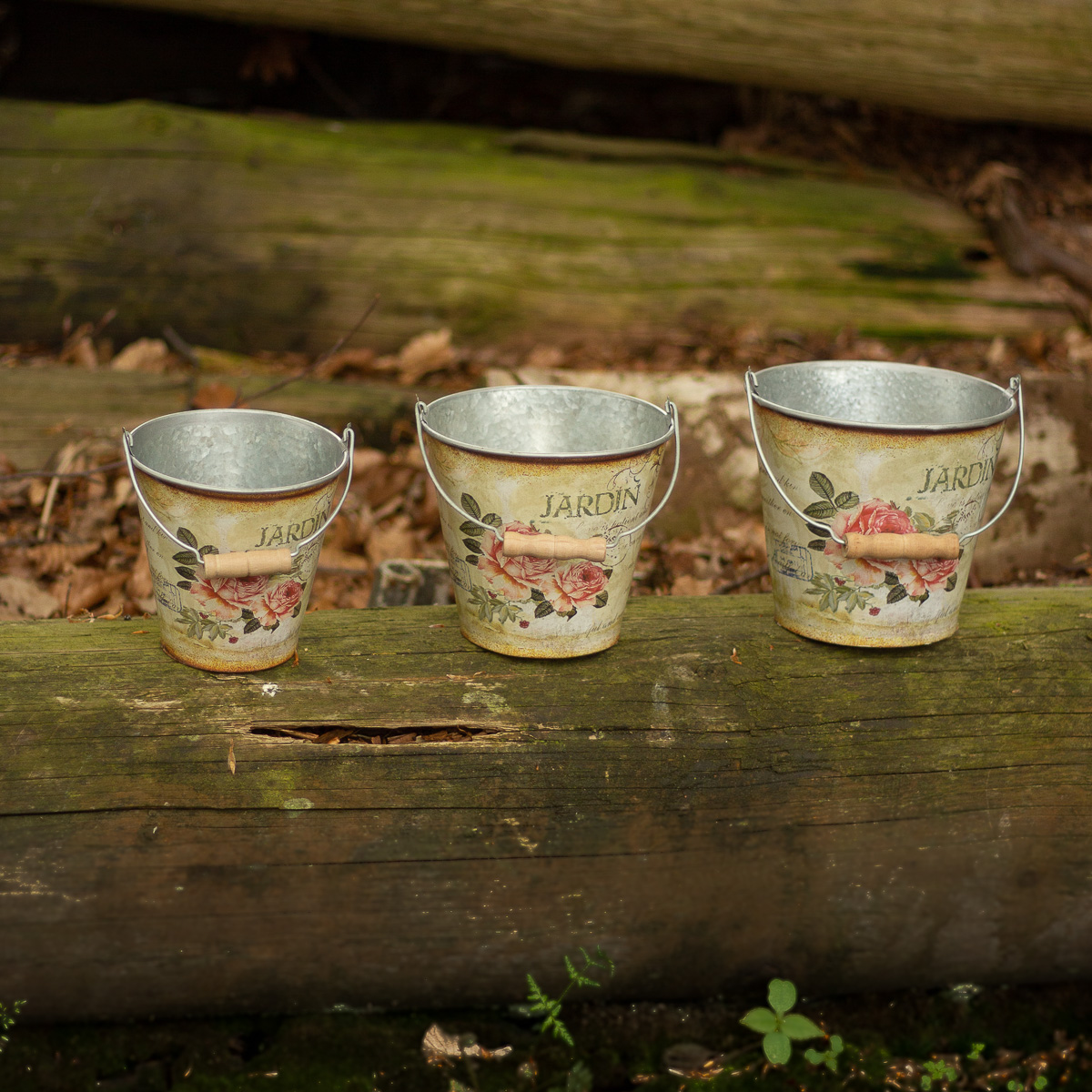 3 Eimer mit Rosenmotiv, Zinkeimer bedruckt, Deko- Set, Landhaus, Blumentopf