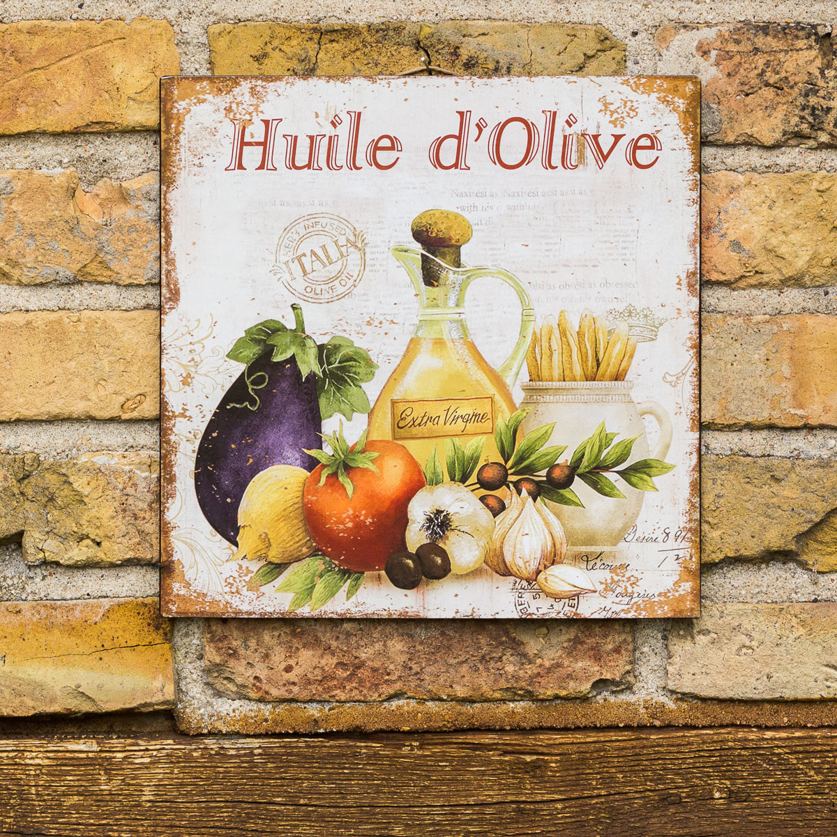 Olivenölmotiv als Wandbild Blechschild mit Italienischen Spezialitäten rustikal