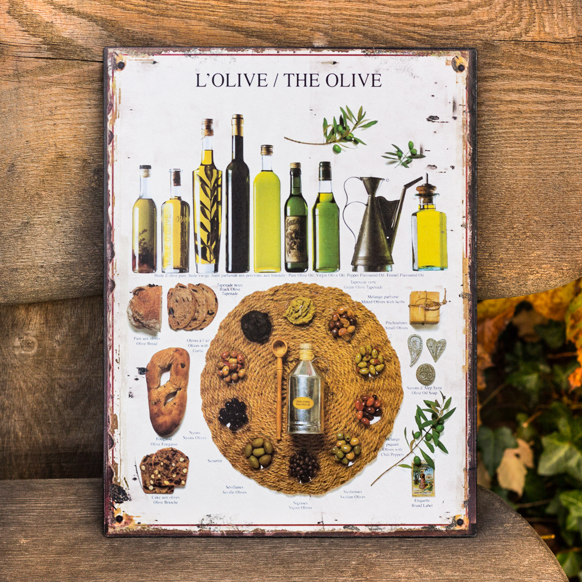 Olivenmotiv auf Blechschild, Wandbild mit italienischen Spezialitäten