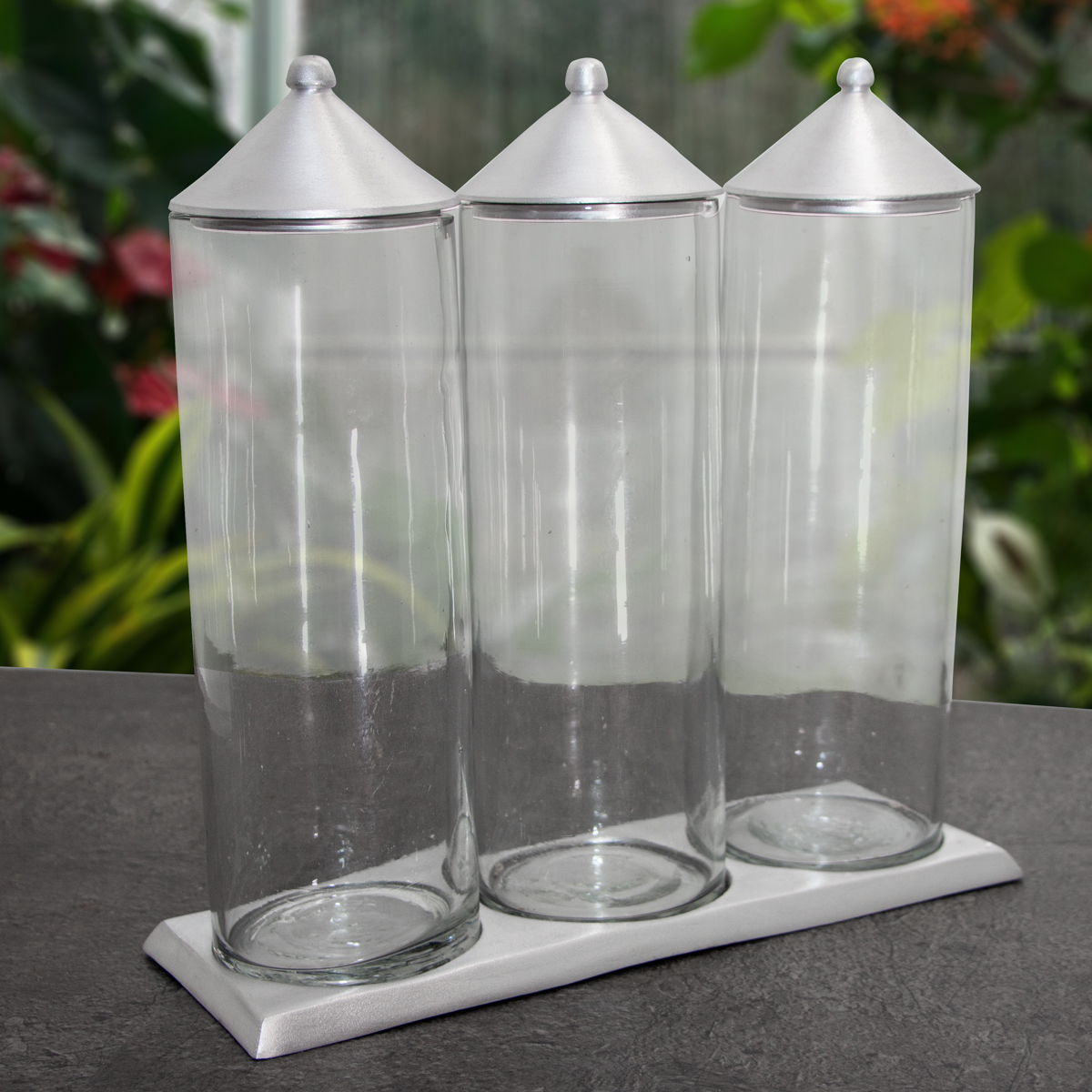 3 x Blumenvase. Aufbewahrung, Alu, Glas, Sockel