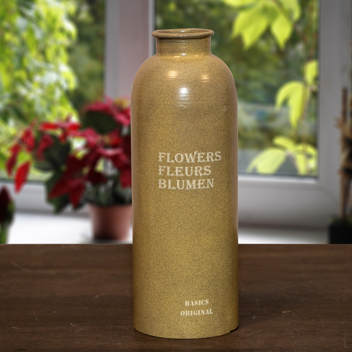 Schmale Blumenvase, Grün, Oliv, Eisen, Blumenvase, für Kunstblumen