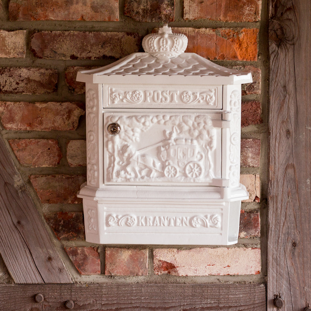 Wandbriefkasten mit Zeitungsfach, Briefkasten Postillion, weiß rostfrei Alu