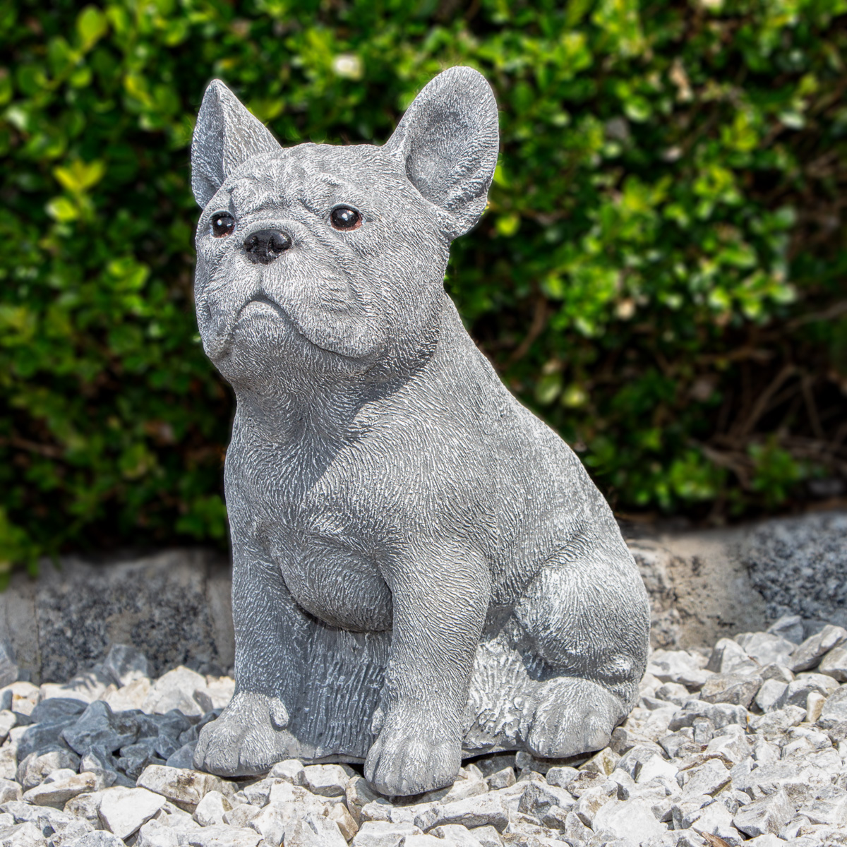 Hundewelpe, Skulptur, groß, Bulldogge | Stein, Grau | H 28,5 x B 17,5 cm