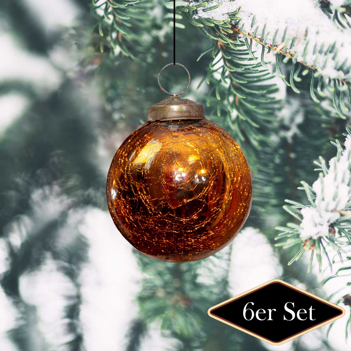 Christbaumkugeln, Krakeliertes/frozen Glas, Orange, Weihnachten, 6er Set