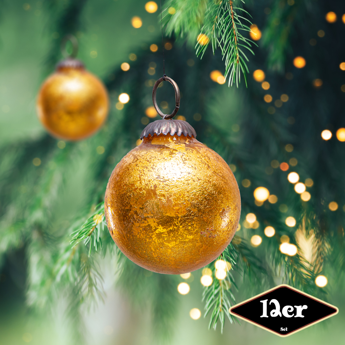 Christbaumkugelset, Rund, 12er Set | Glas, Gold | H6,0xB5,5cm