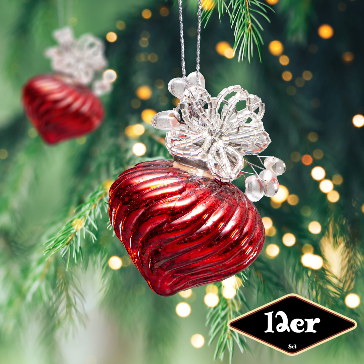 Christbaumkugelset, Erdbeere, 12er Set | Glas, rot, Struktur | H8,0xB6,0cm