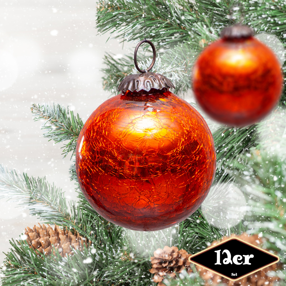 Christbaumkugelset, Rund, 12er Set | Glas, Orange-rot | H8,5xB7,5cm