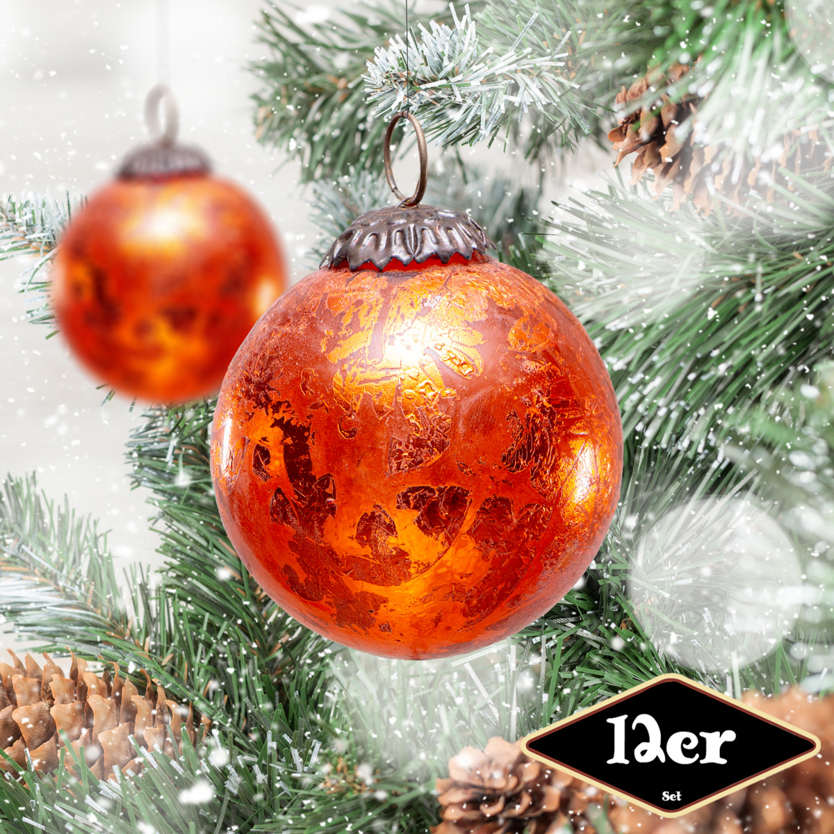 Christbaumkugelset, Rund, 12er Set | Glas, Orange-rot | H8,2xB8,0cm