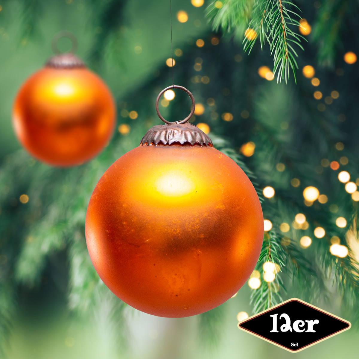 Christbaumkugelset, Rund, 12er Set | Glas, Orange | H9,0xB8,0cm