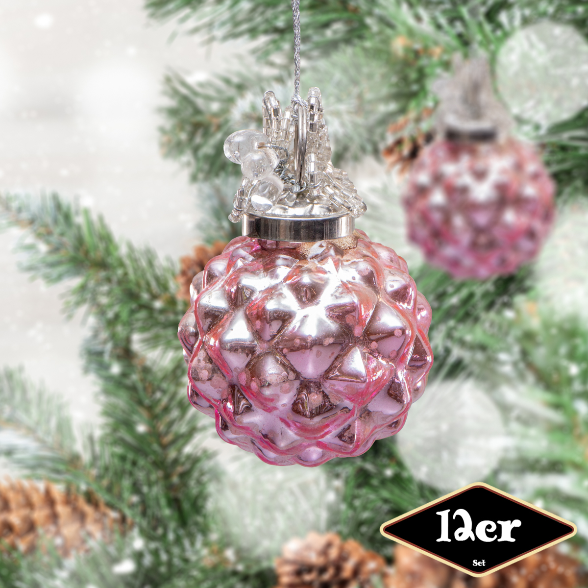 Christbaumkugelset, Rund, 12er Set | Glas, pink, Struktur | H8,5xB6,0cm