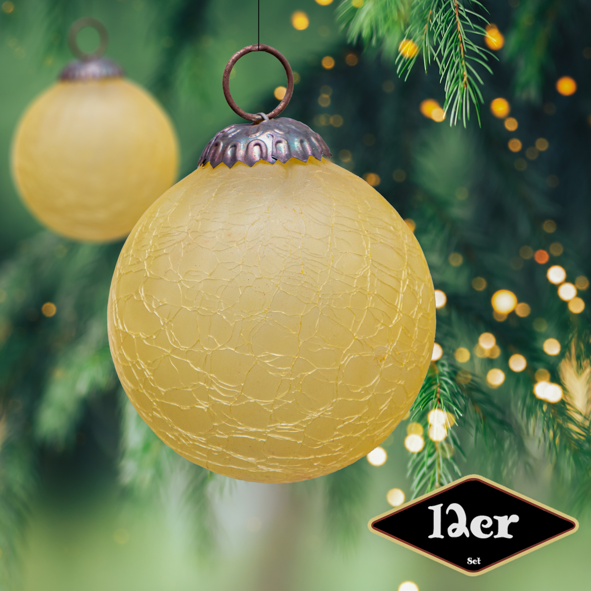 Christbaumkugelset, Rund, 12er Set | Glas, Gelb, krakeliert | H9,0xB8,5cm