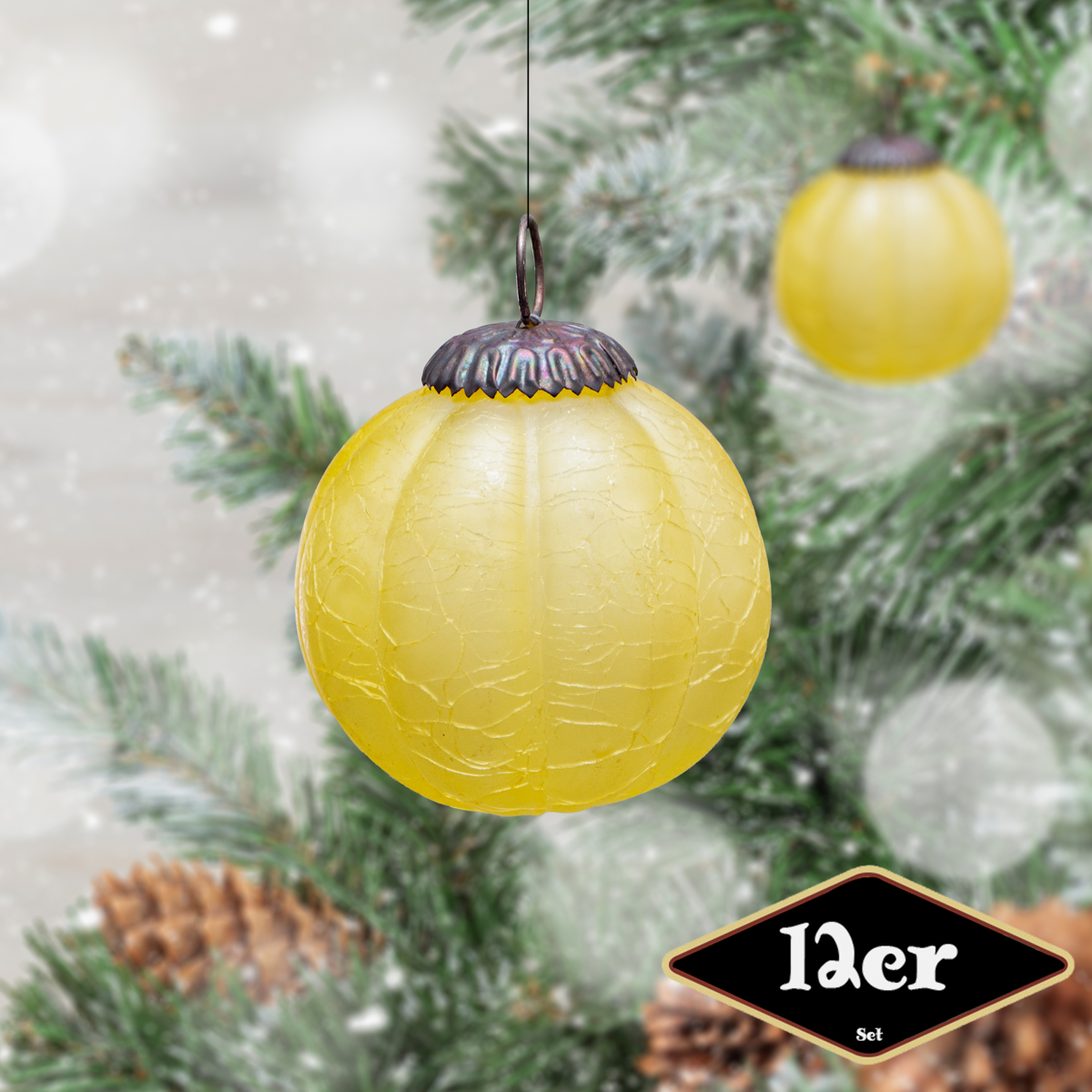 Christbaumkugelset, Rund, 12er Set | Glas, Gelb, krakeliert | H8,5xB8,5cm