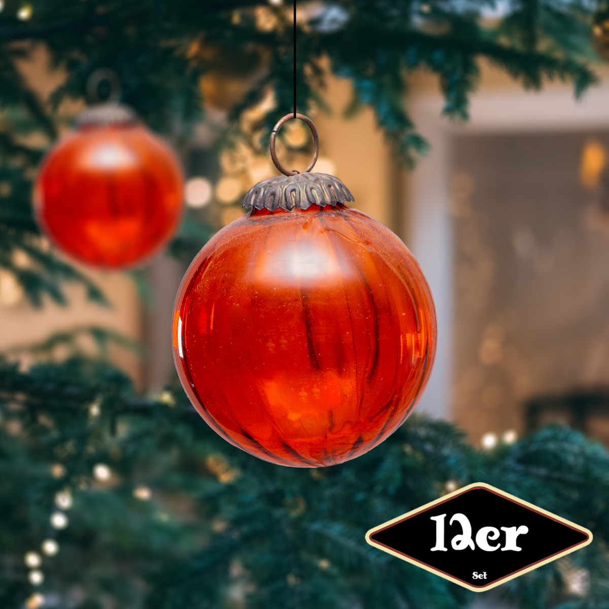 Christbaumkugelset, Rund, 12er Set | Glas, Orange, gestreift | H8,5xB8,5cm