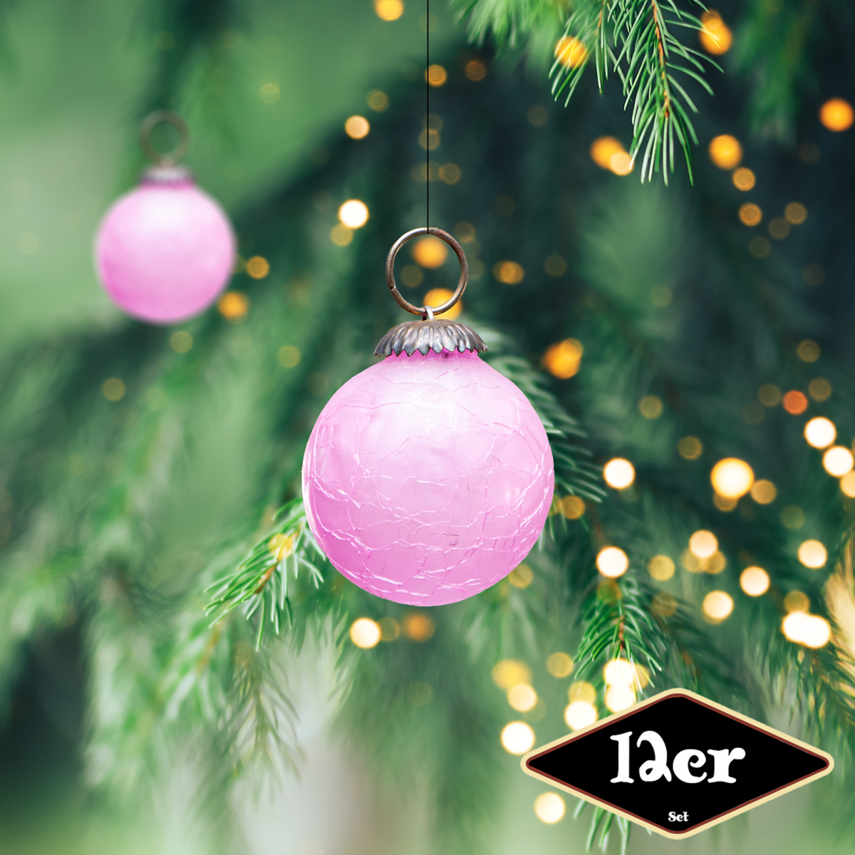 Christbaumkugelset, Rund, 12er Set | Glas, Pink, krakeliert | H6,0xB6,0cm