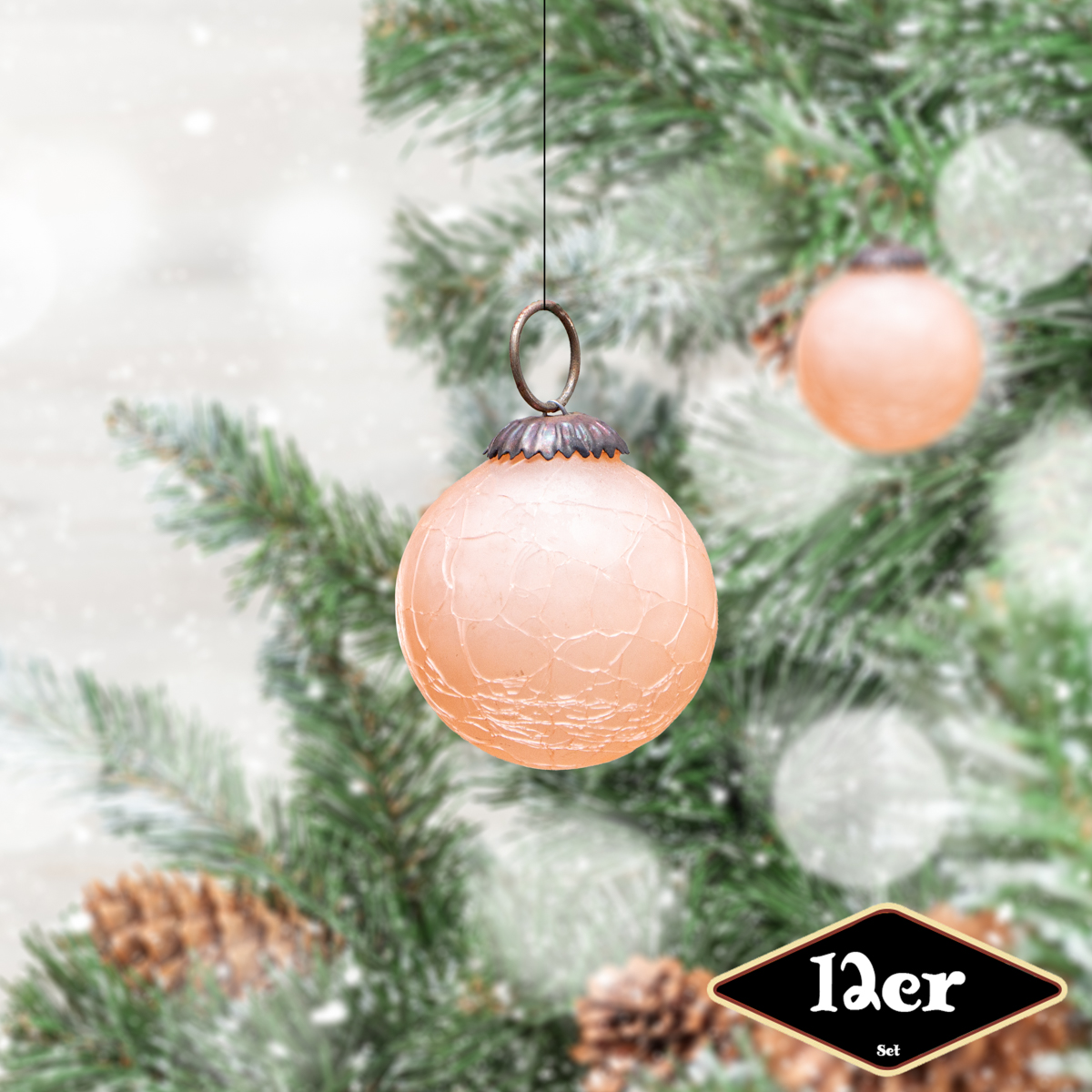 Christbaumkugelset, Rund, 12er Set | Glas, Orange, krakeliert | H6,0xB6,0cm