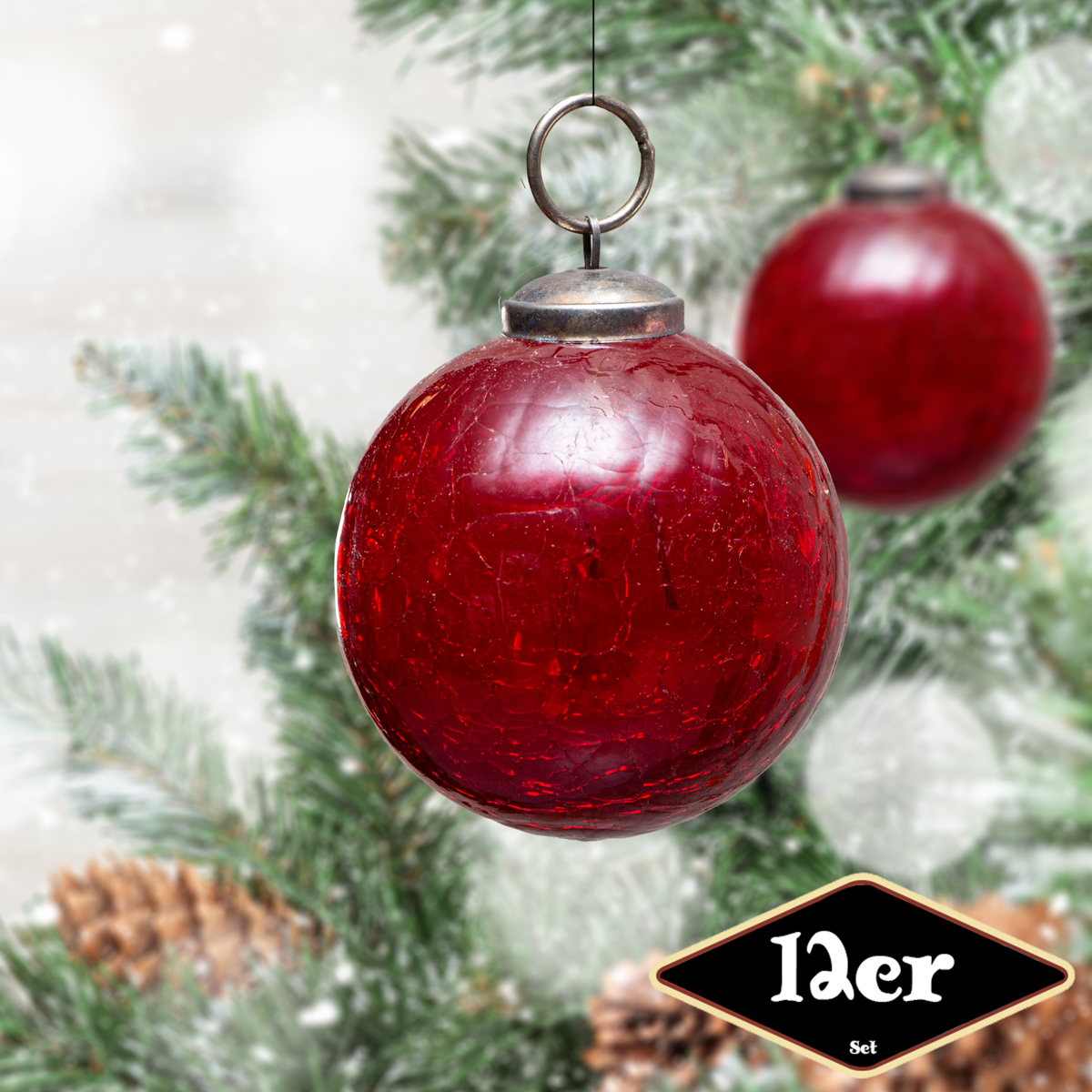 Christbaumkugelset, Rund, 12er Set | Glas, Rot, krakeliert | H9,0xB8,0cm