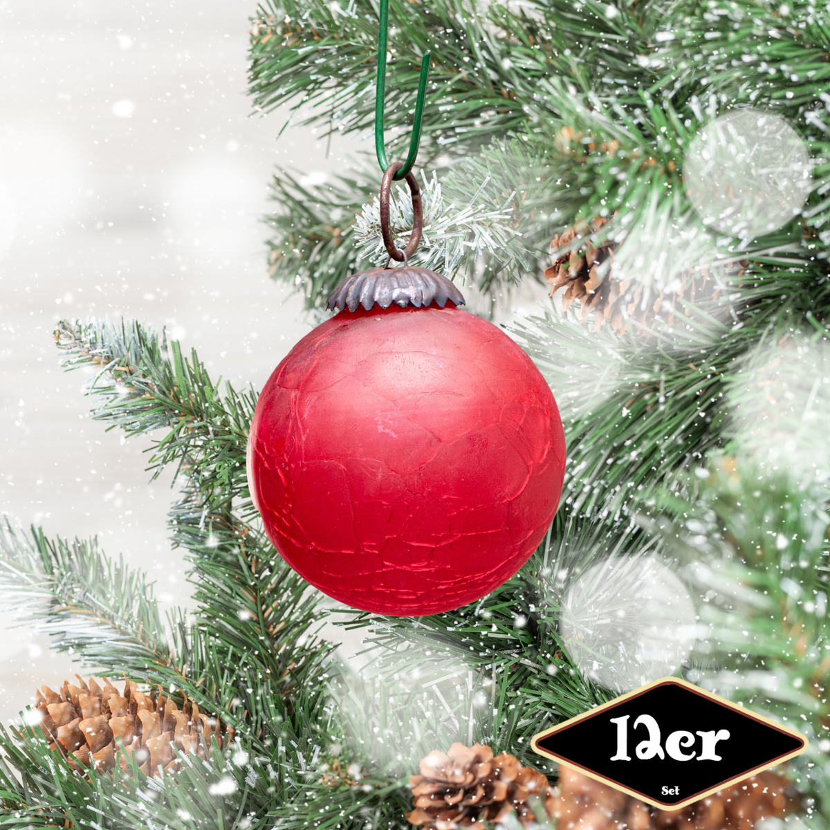 Christbaumkugelset, Rund, 12er Set | Glas, Rot, krakeliert | H6,0xB6,0cm