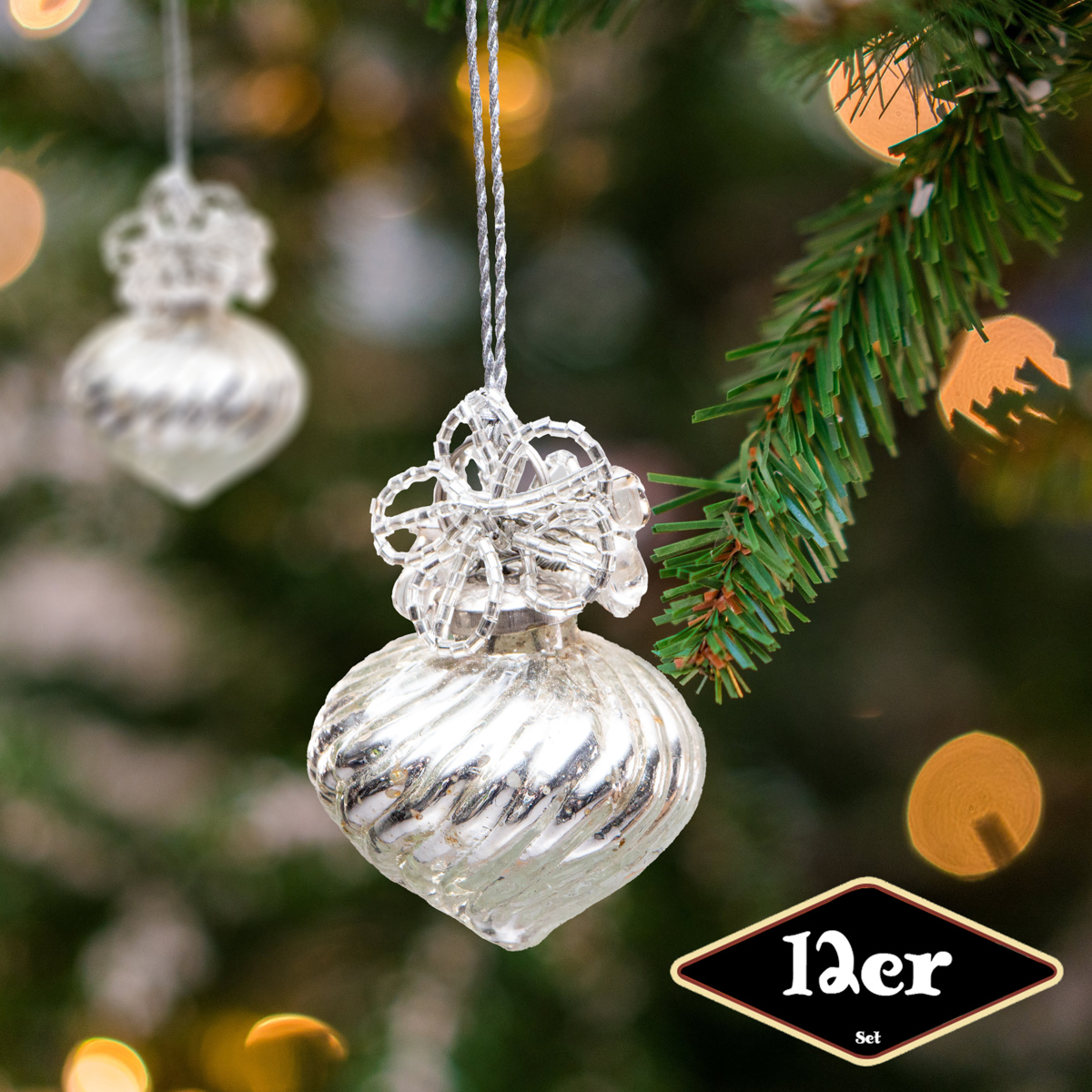 Christbaumkugelset, Erdbeere, 12er Set | Glas, Silber, Struktur | H8,0xB5,5cm