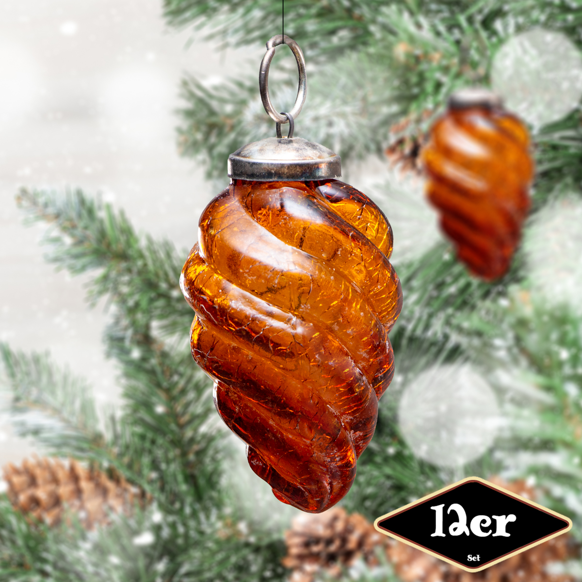 Christbaumkugelset in Zapfen-Form, 12er Set |Glas, Pink, gedreht | H9,5xB5,5cm