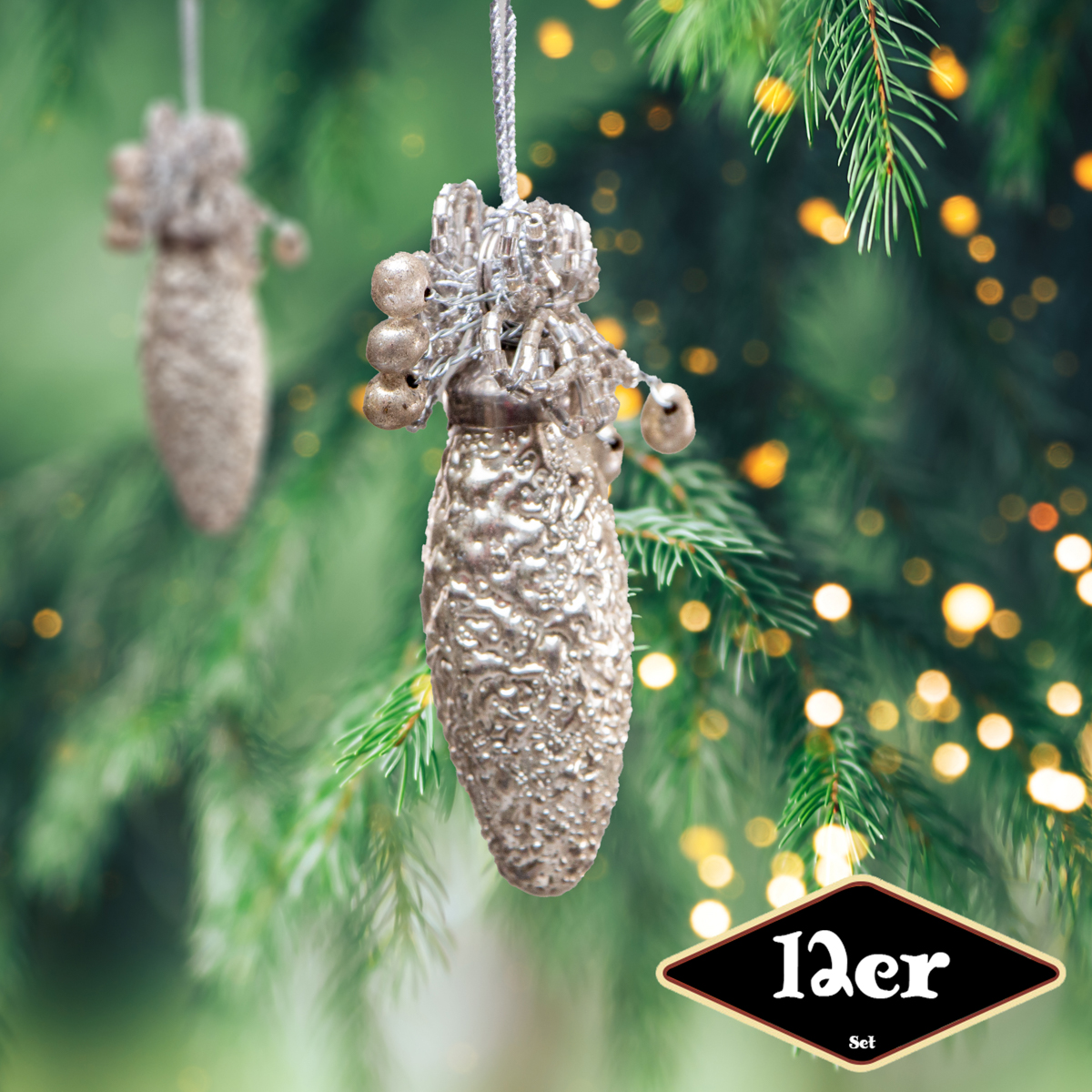 Christbaumkugelset Zapfen-Form, 12er Set | Glas, Silber, Struktur | H8,5xB3,0cm
