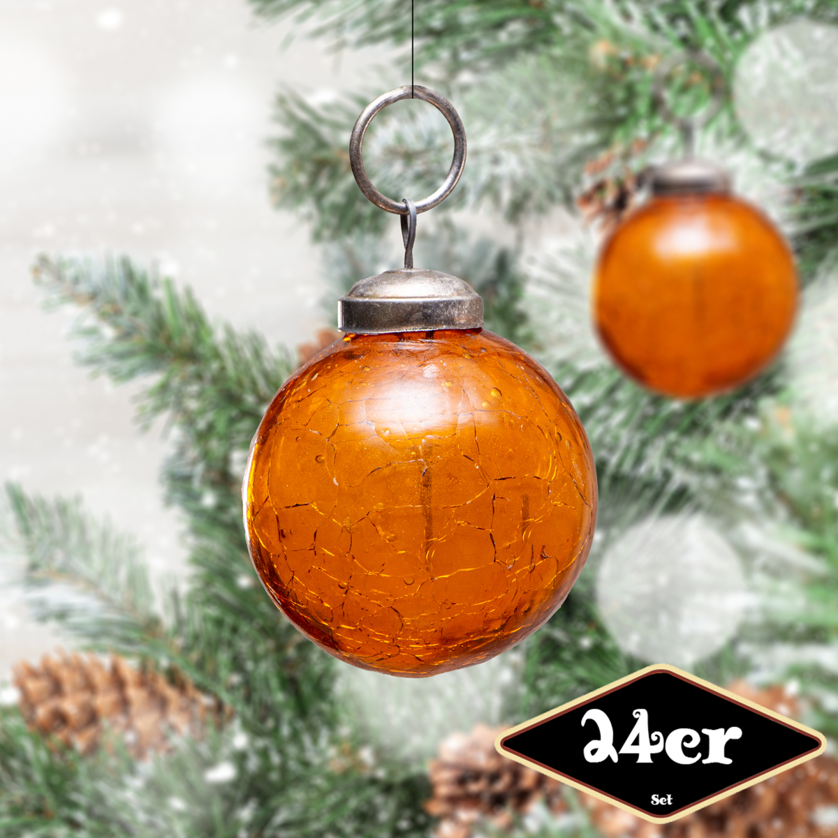 Christbaumkugelset, Rund, 24er Set | Glas, Orange, krakeliert | H7,0xB6,5cm