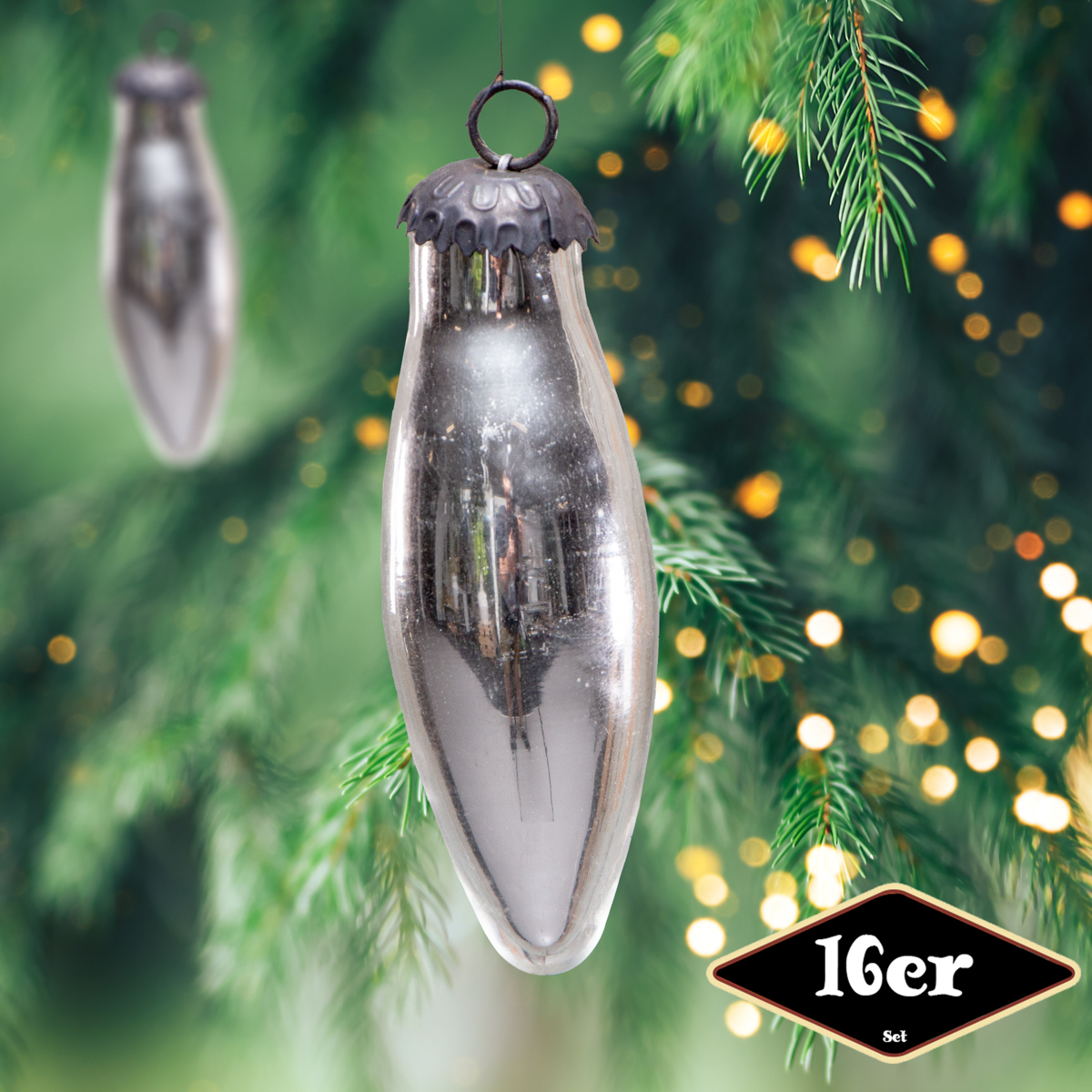 Christbaumkugelset in Zapfen-Form, 16er Set | Glas, Silber, | H11,0xB4,0cm