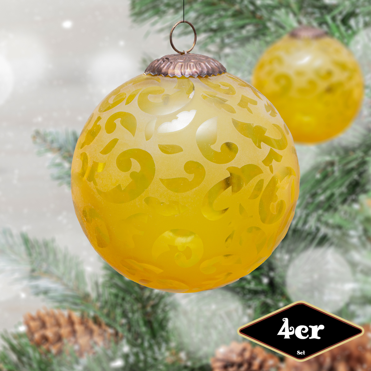 Christbaumkugelset, Rund, 4er Set | Glas, Gelb | H13,5xB12,5cm
