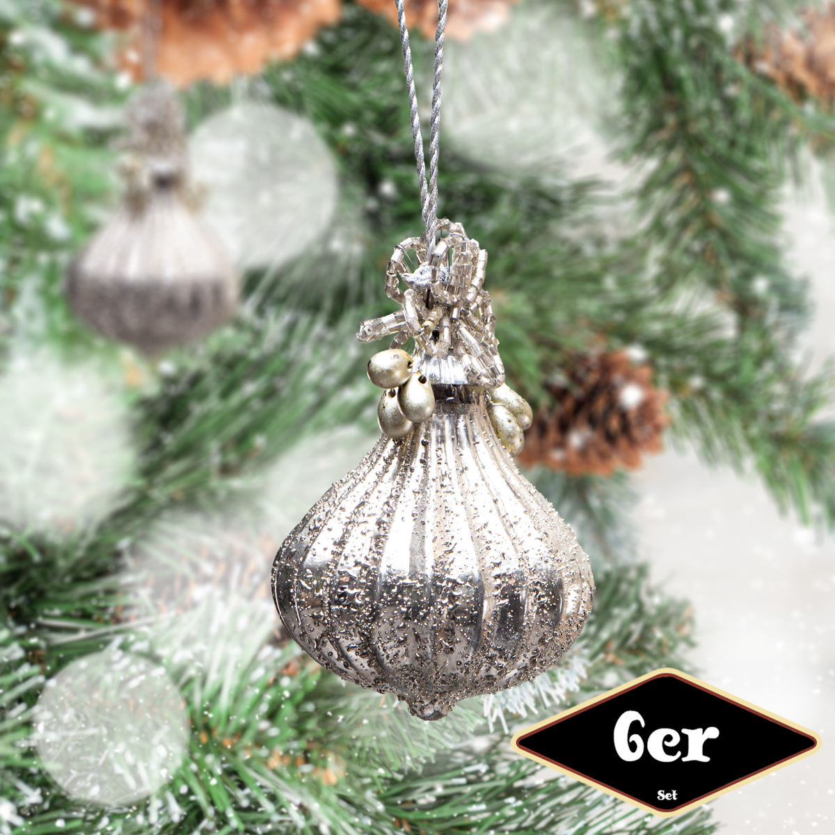 Christbaumkugelset, Birne, 6er Set | Glas, silber, Struktur | H8,7xB6,0cm