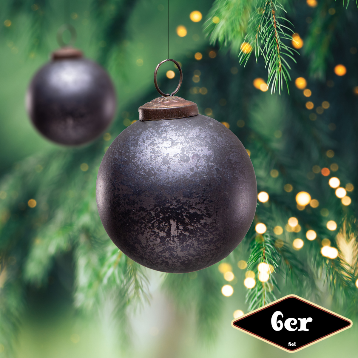 Christbaumkugelset, Rund, 6er Set | Glas, blau-schwarz | H8,5xB8,0cm