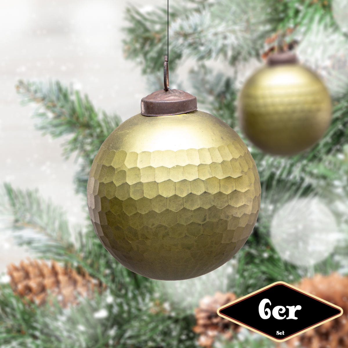 Christbaumkugelset, Rund, 6er Set | Glas, grün, Muster | H8,5xB8,0cm