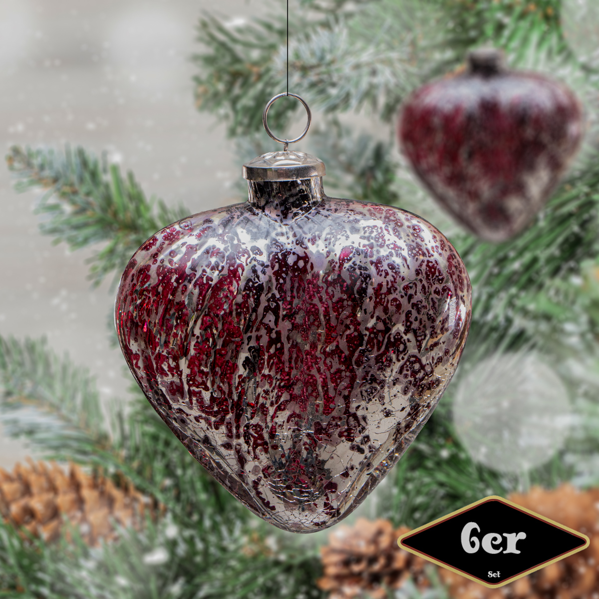 Christbaumkugelset, Herz, 6er Set | Glas, Rot, silber | H13,5xB12,5cm