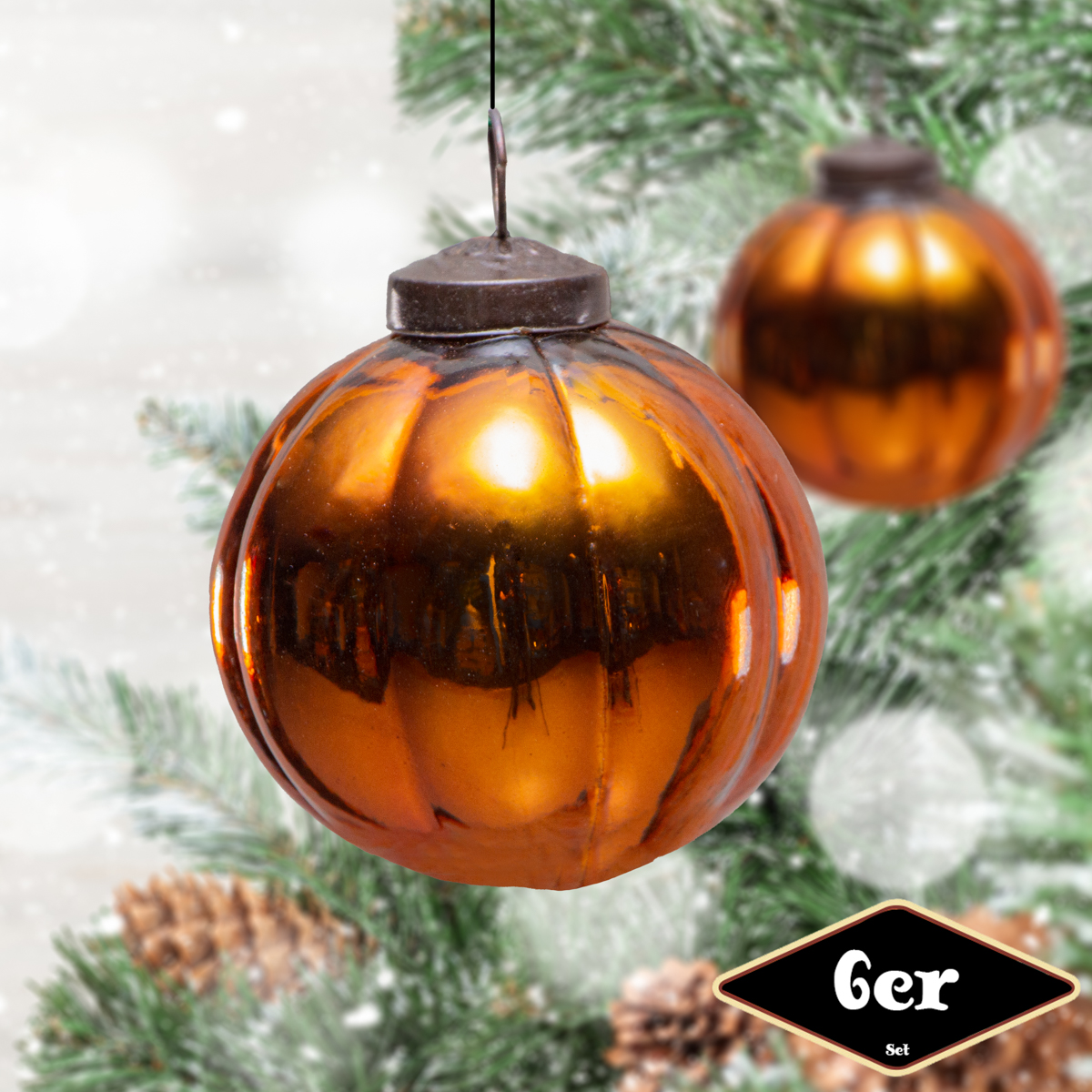 Christbaumkugelset, Rund, 6er Set | Glas, Orange, Kupfer | H9,5xB9,5cm