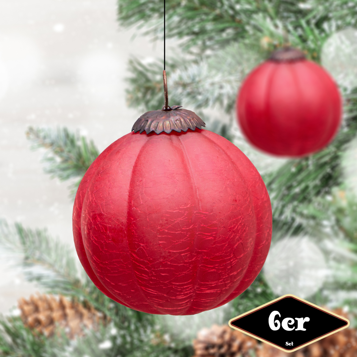 Christbaumkugelset, Rund, 6er Set | Glas, Rot, krakeliert | H10,5xB10,0cm
