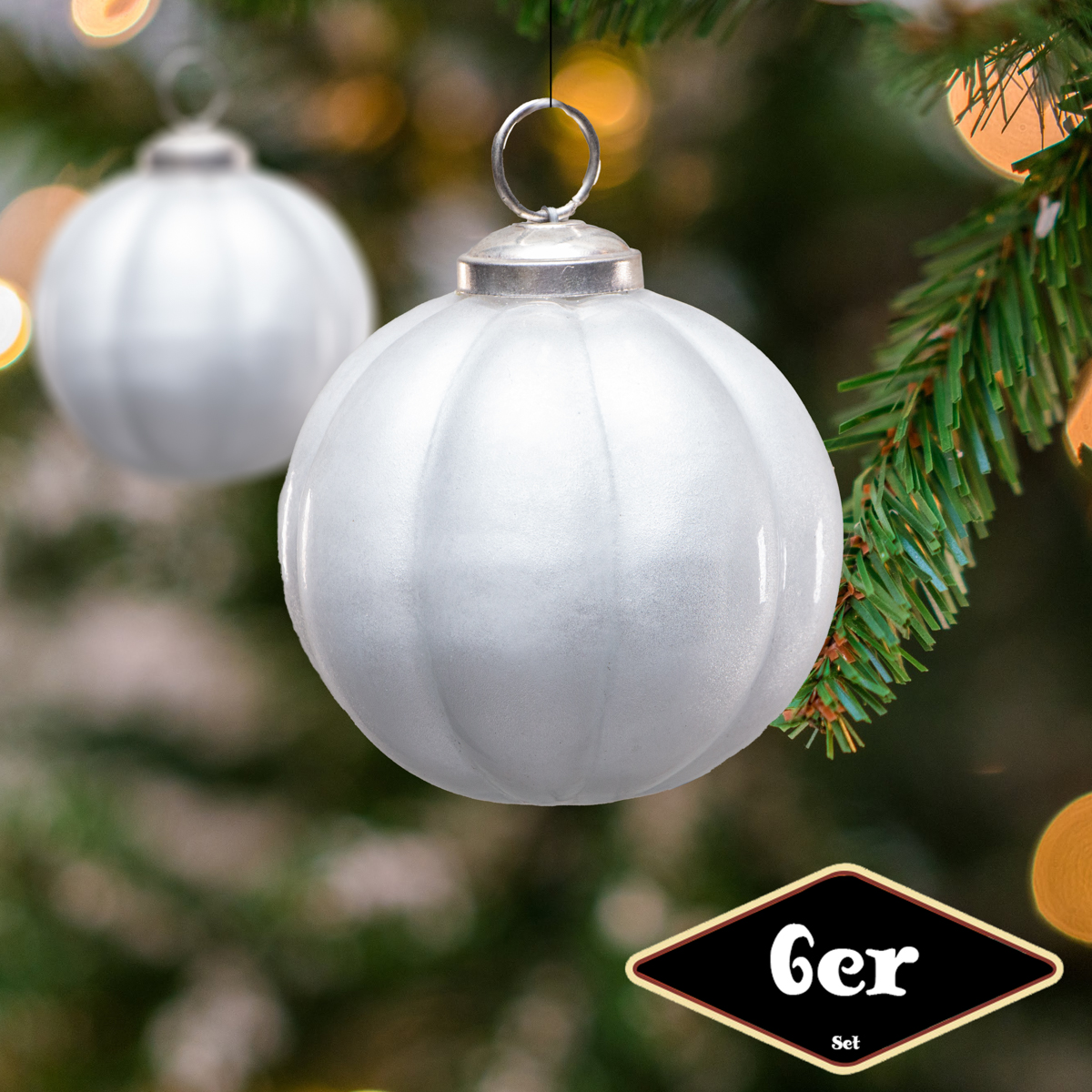 Christbaumkugelset, Rund, 6er Set | Glas, creme, | H10,5xB10,0cm
