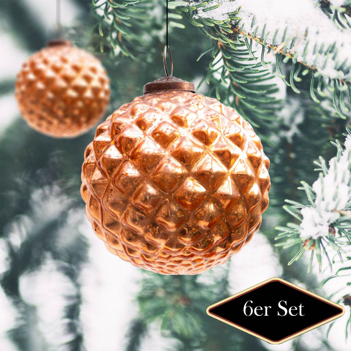 Christbaumkugelset, Rund, Struktur, 6er Set  | Glas, Kupfer | H10,5xB10,5cm
